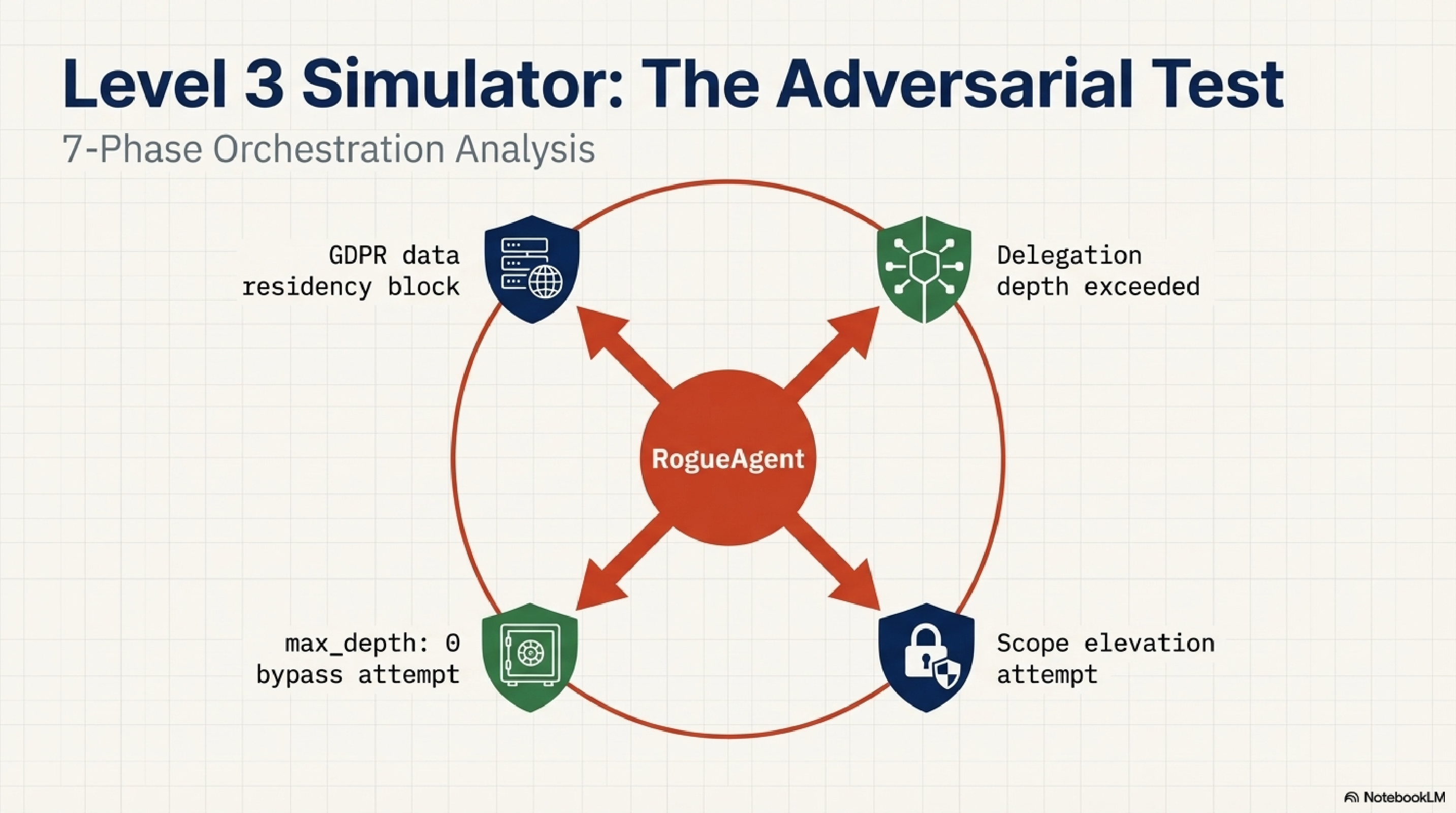 Level 3 Simulator: RogueAgent attempting GDPR bypass, scope elevation, max_depth bypass, and delegation depth violations